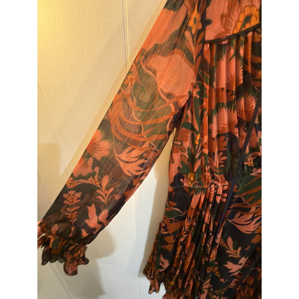 Coach 1941 Flowy Floral Pleated Dress w Tie Front Sz 4 Black Gold Metallic Boho - Picture 12 of 12